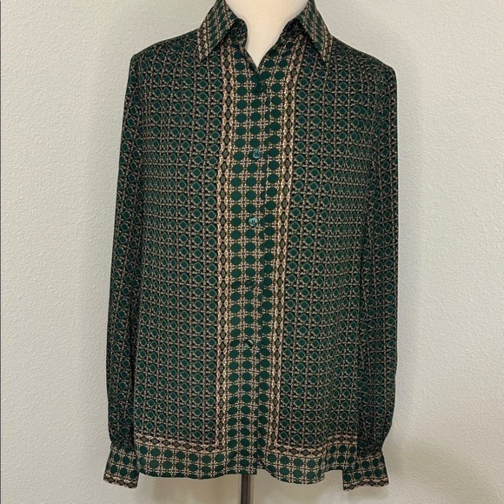 NWOT Fall Autumn Green Beige Patterned Long Sleeve Max Studio Top S Small - Picture 1 of 3